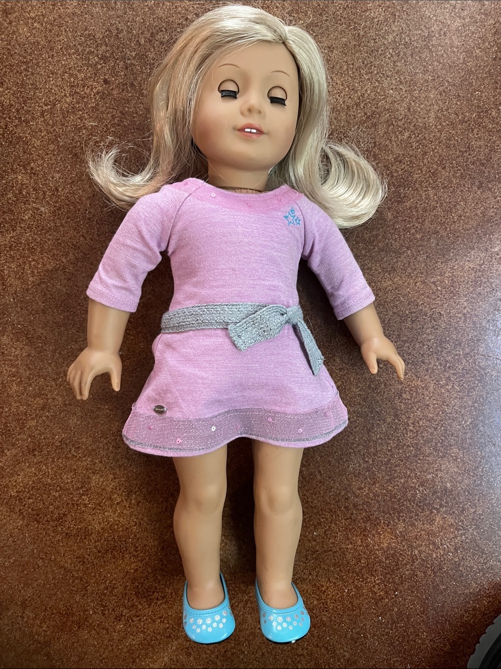 American Girl Truly Me Dill with Lavender Pink Knit Dress with Silver Belt